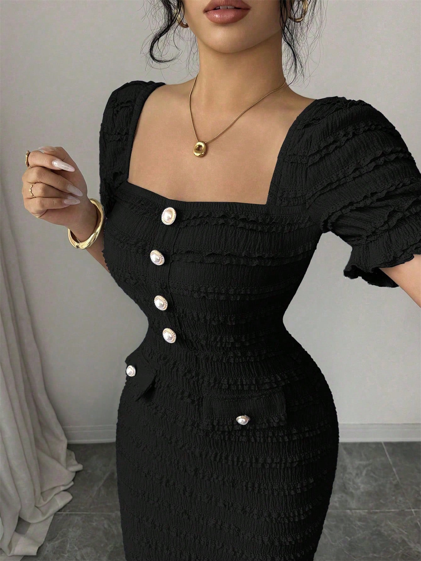 Elenzga New Arrival Square Neck Short Sleeve Textured Knit Midi Dress, Elegant Versatile Fitted Silhouette For Women