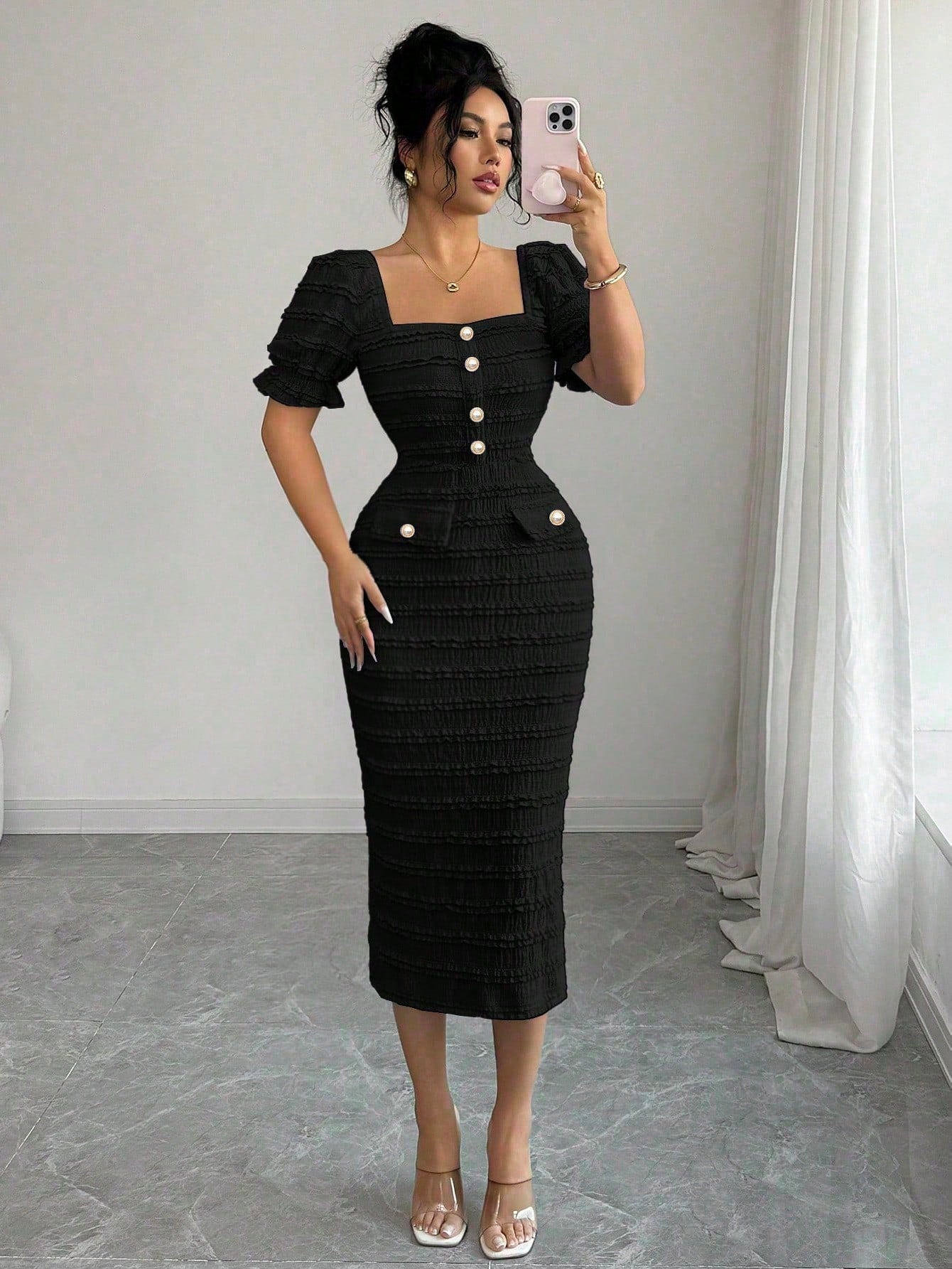Elenzga New Arrival Square Neck Short Sleeve Textured Knit Midi Dress, Elegant Versatile Fitted Silhouette For Women