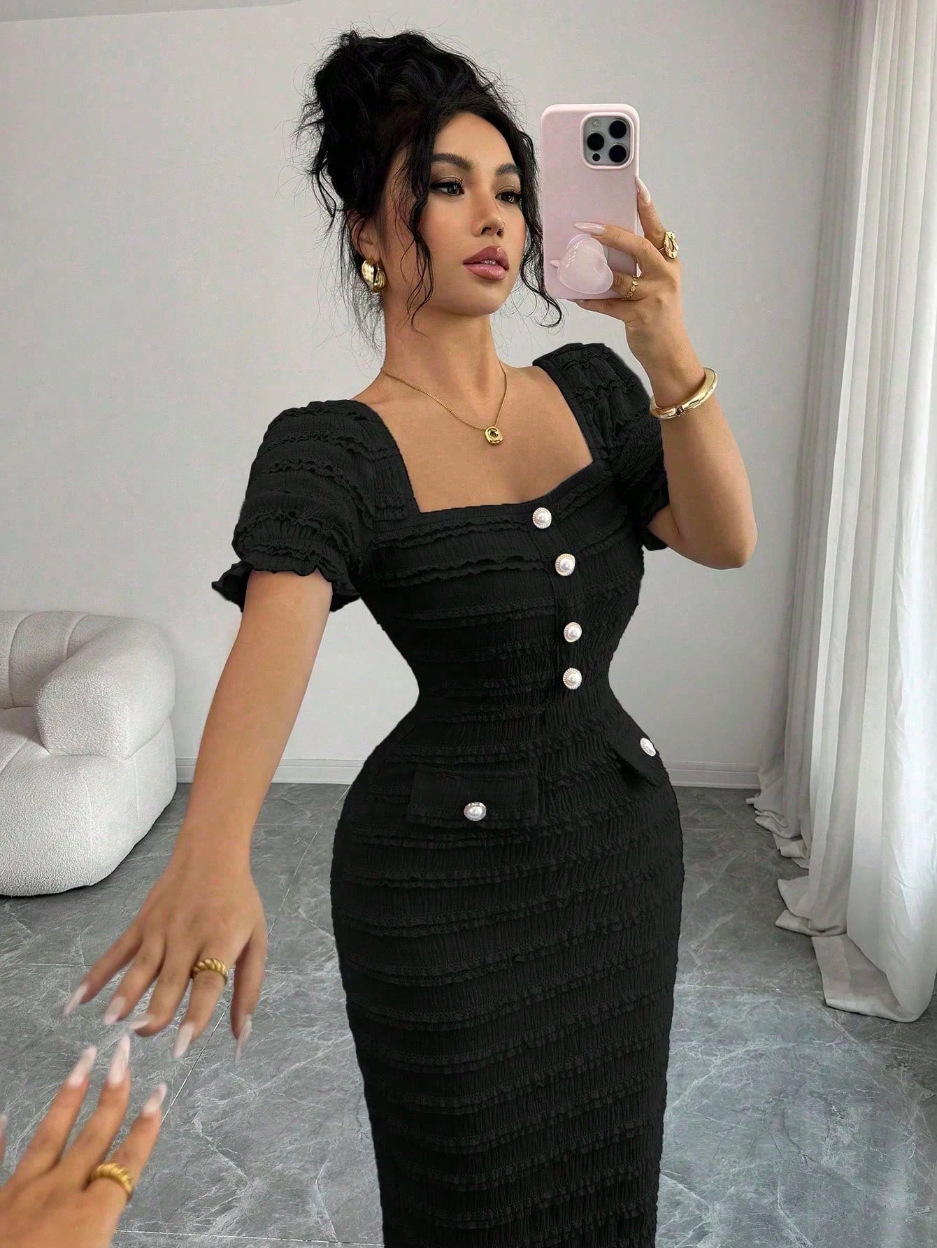 Elenzga New Arrival Square Neck Short Sleeve Textured Knit Midi Dress, Elegant Versatile Fitted Silhouette For Women