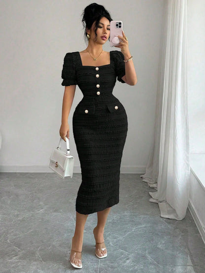 Elenzga New Arrival Square Neck Short Sleeve Textured Knit Midi Dress, Elegant Versatile Fitted Silhouette For Women
