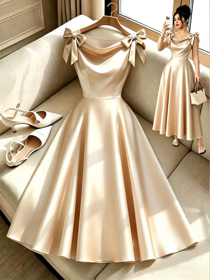 Elenzga New Arrival Woven Sleeveless Dress With Bow Decor, Elegant Daily Wear Midi Dress For Women