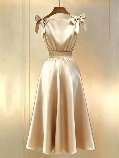 Elenzga New Arrival Woven Sleeveless Dress With Bow Decor, Elegant Daily Wear Midi Dress For Women