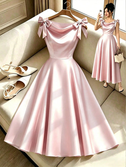 Elenzga New Arrival Woven Sleeveless Dress With Bow Decor, Elegant Daily Wear Midi Dress For Women