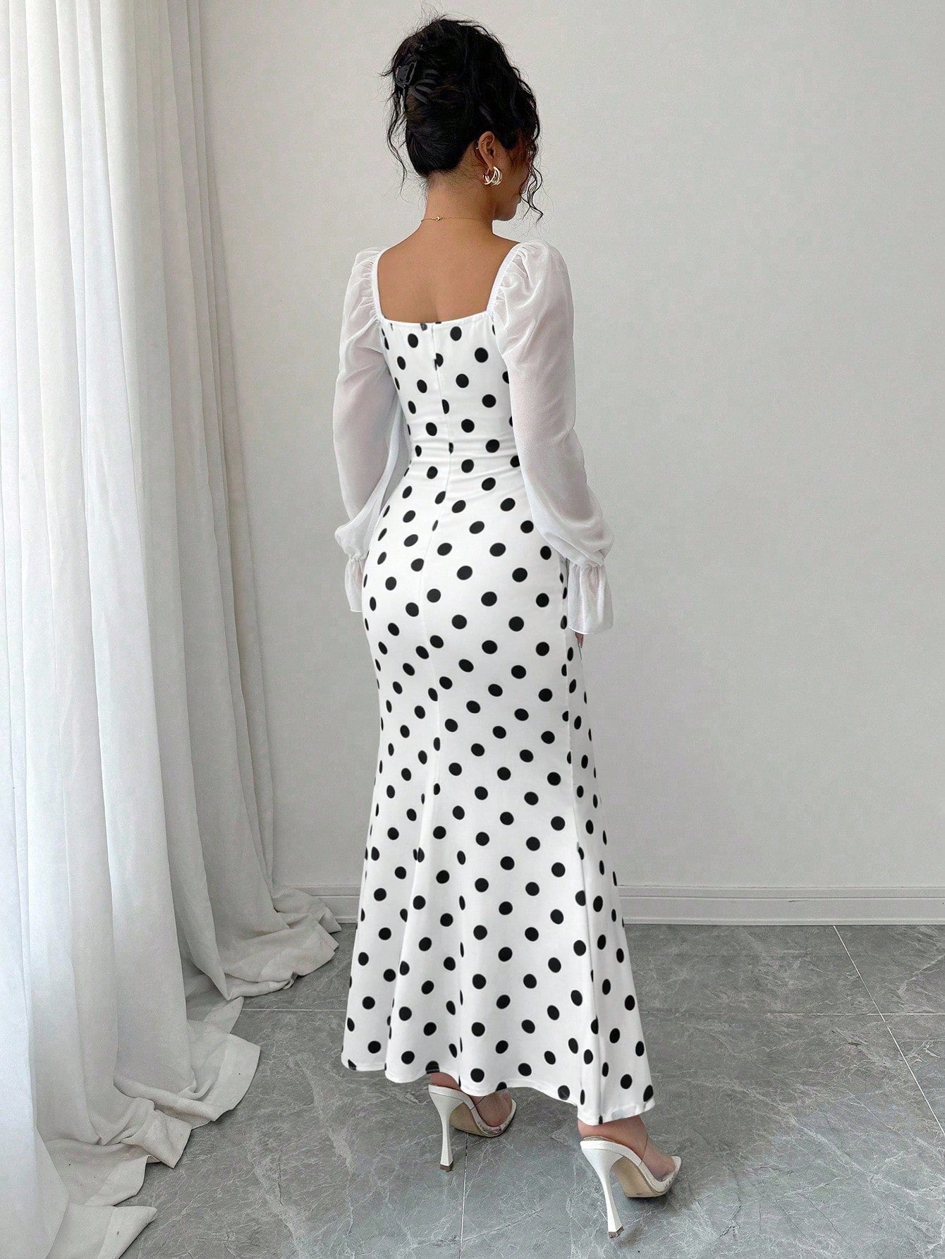Elenzga New Women's Square Neck Tie Bow Chiffon Puff Sleeve Design Dress, Versatile For Dates, Gatherings, Daily Wear, Waist Cinching, Flattering, Elegant, Youthful, Long Length