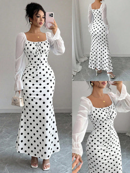Elenzga New Women's Square Neck Tie Bow Chiffon Puff Sleeve Design Dress, Versatile For Dates, Gatherings, Daily Wear, Waist Cinching, Flattering, Elegant, Youthful, Long Length