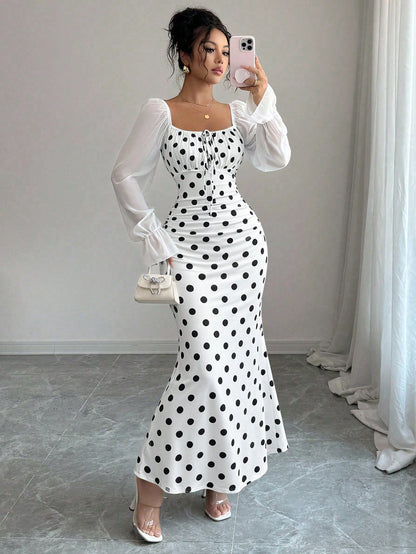 Elenzga New Women's Square Neck Tie Bow Chiffon Puff Sleeve Design Dress, Versatile For Dates, Gatherings, Daily Wear, Waist Cinching, Flattering, Elegant, Youthful, Long Length