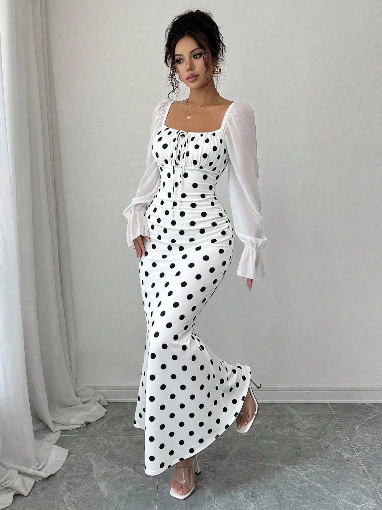 Elenzga New Women's Square Neck Tie Bow Chiffon Puff Sleeve Design Dress, Versatile For Dates, Gatherings, Daily Wear, Waist Cinching, Flattering, Elegant, Youthful, Long Length
