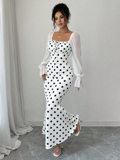 Elenzga New Women's Square Neck Tie Bow Chiffon Puff Sleeve Design Dress, Versatile For Dates, Gatherings, Daily Wear, Waist Cinching, Flattering, Elegant, Youthful, Long Length