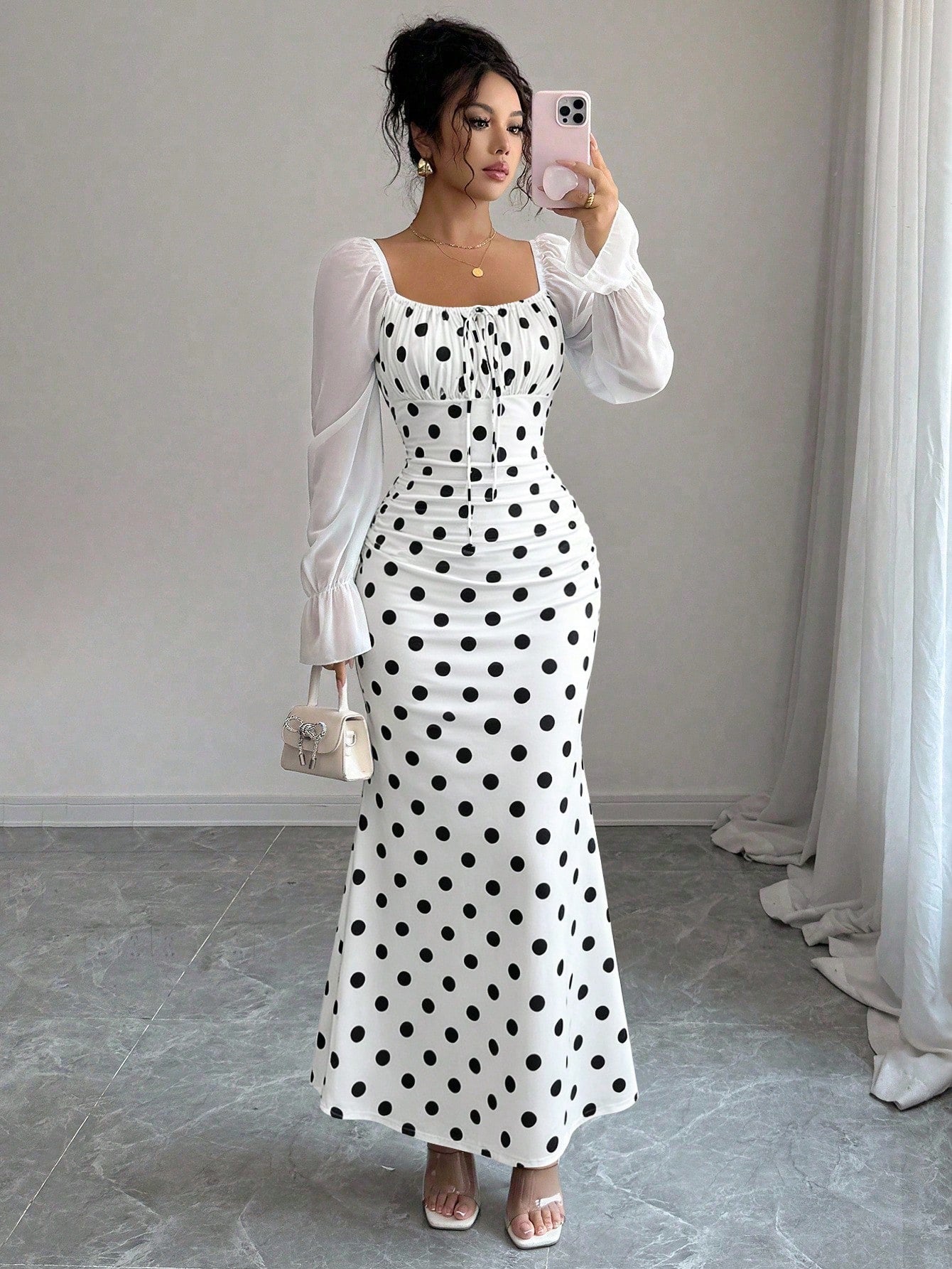 Elenzga New Women's Square Neck Tie Bow Chiffon Puff Sleeve Design Dress, Versatile For Dates, Gatherings, Daily Wear, Waist Cinching, Flattering, Elegant, Youthful, Long Length