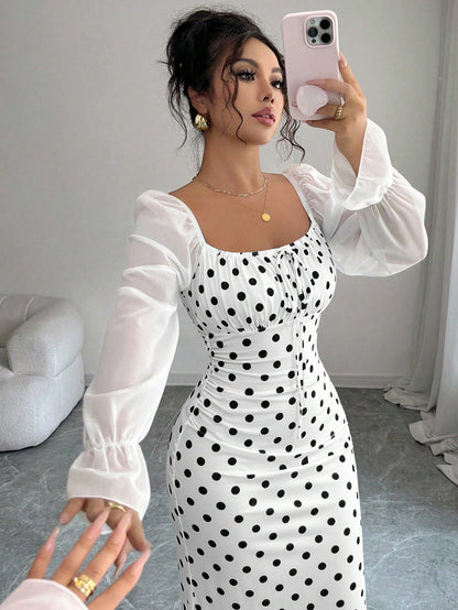 Elenzga New Women's Square Neck Tie Bow Chiffon Puff Sleeve Design Dress, Versatile For Dates, Gatherings, Daily Wear, Waist Cinching, Flattering, Elegant, Youthful, Long Length