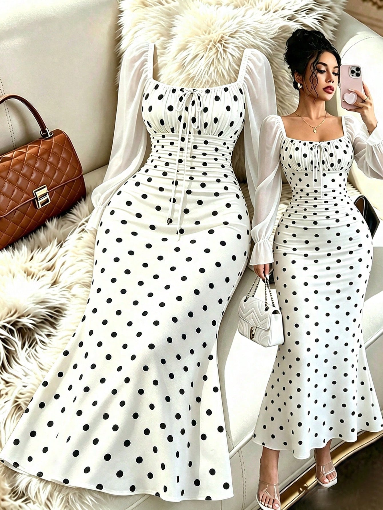 Elenzga New Women's Square Neck Tie Bow Chiffon Puff Sleeve Design Dress, Versatile For Dates, Gatherings, Daily Wear, Waist Cinching, Flattering, Elegant, Youthful, Long Length