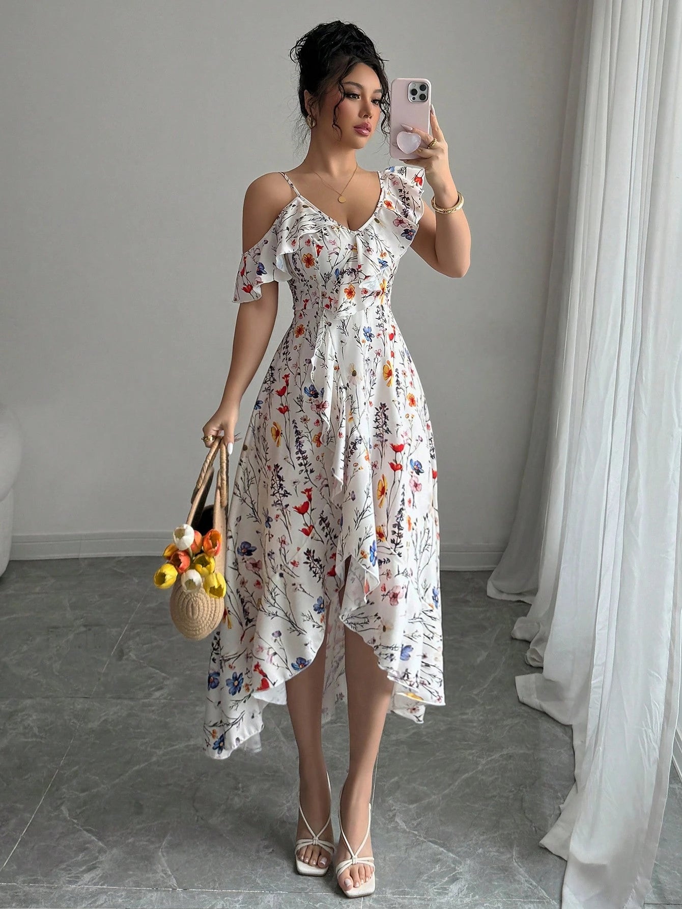 Elenzga Summer Elegant Asymmetrical Ruffle Flower Print Dress