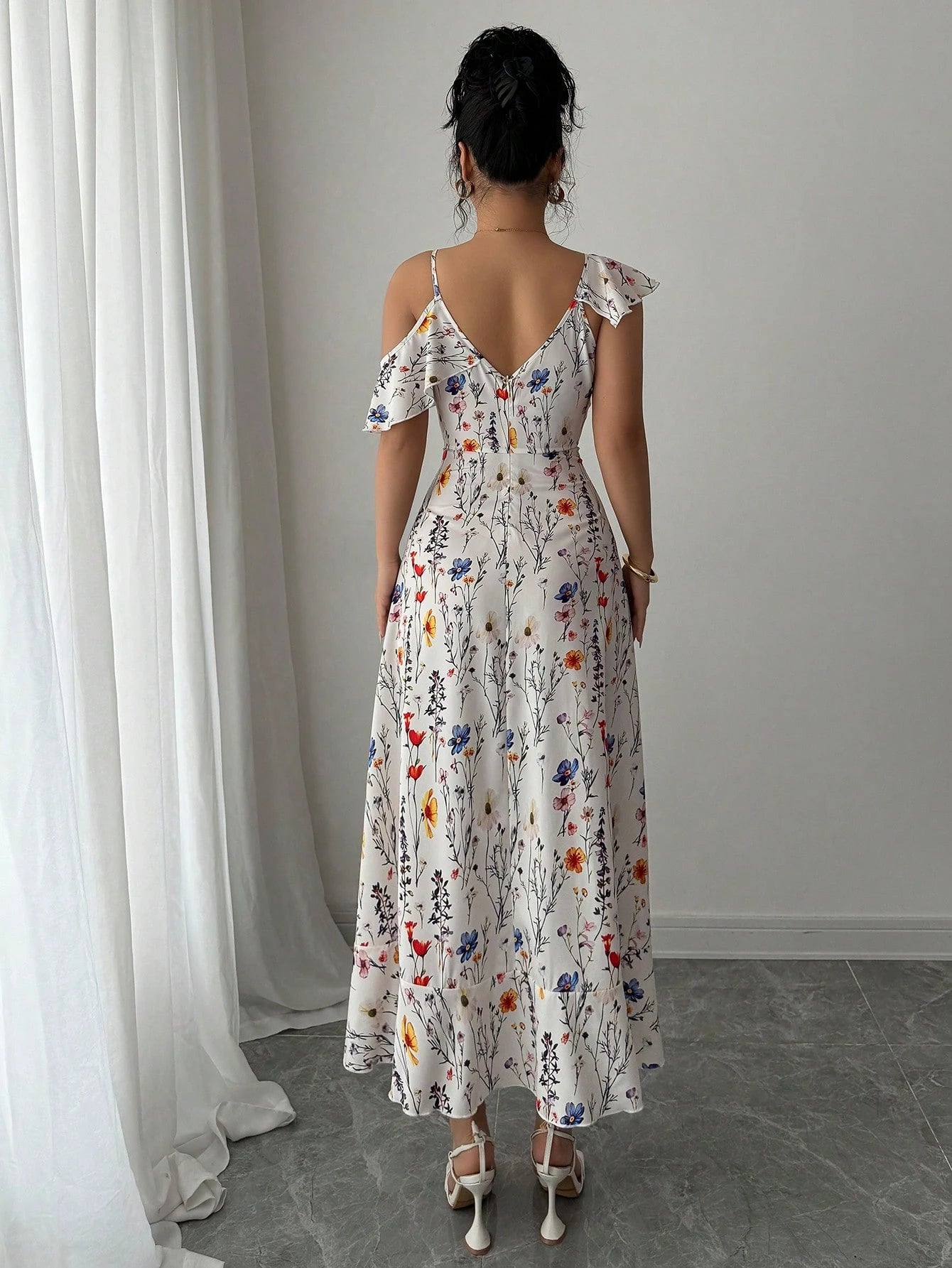 Elenzga Summer Elegant Asymmetrical Ruffle Flower Print Dress