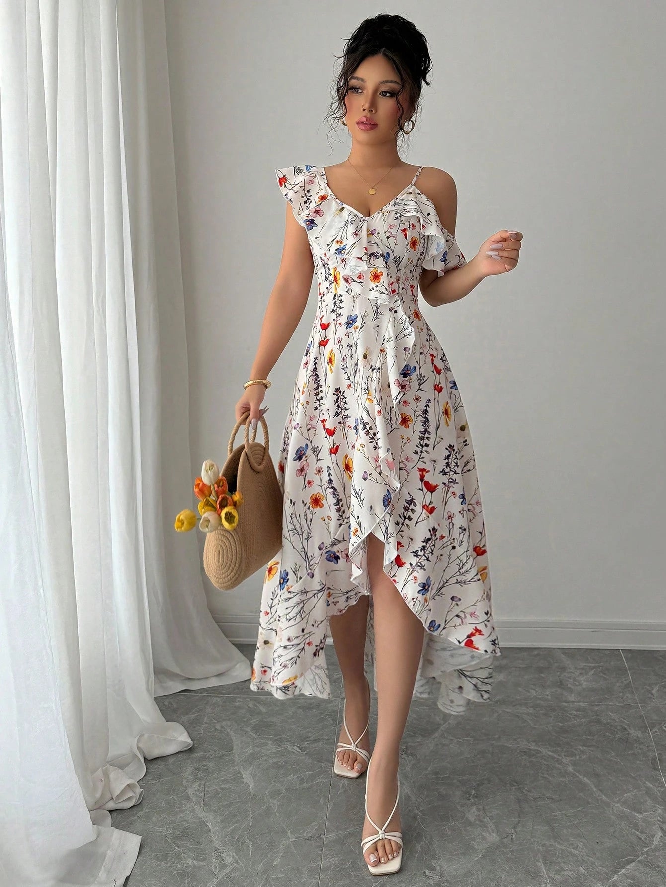 Elenzga Summer Elegant Asymmetrical Ruffle Flower Print Dress