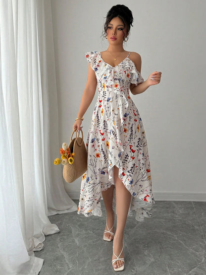 Elenzga Summer Elegant Asymmetrical Ruffle Flower Print Dress