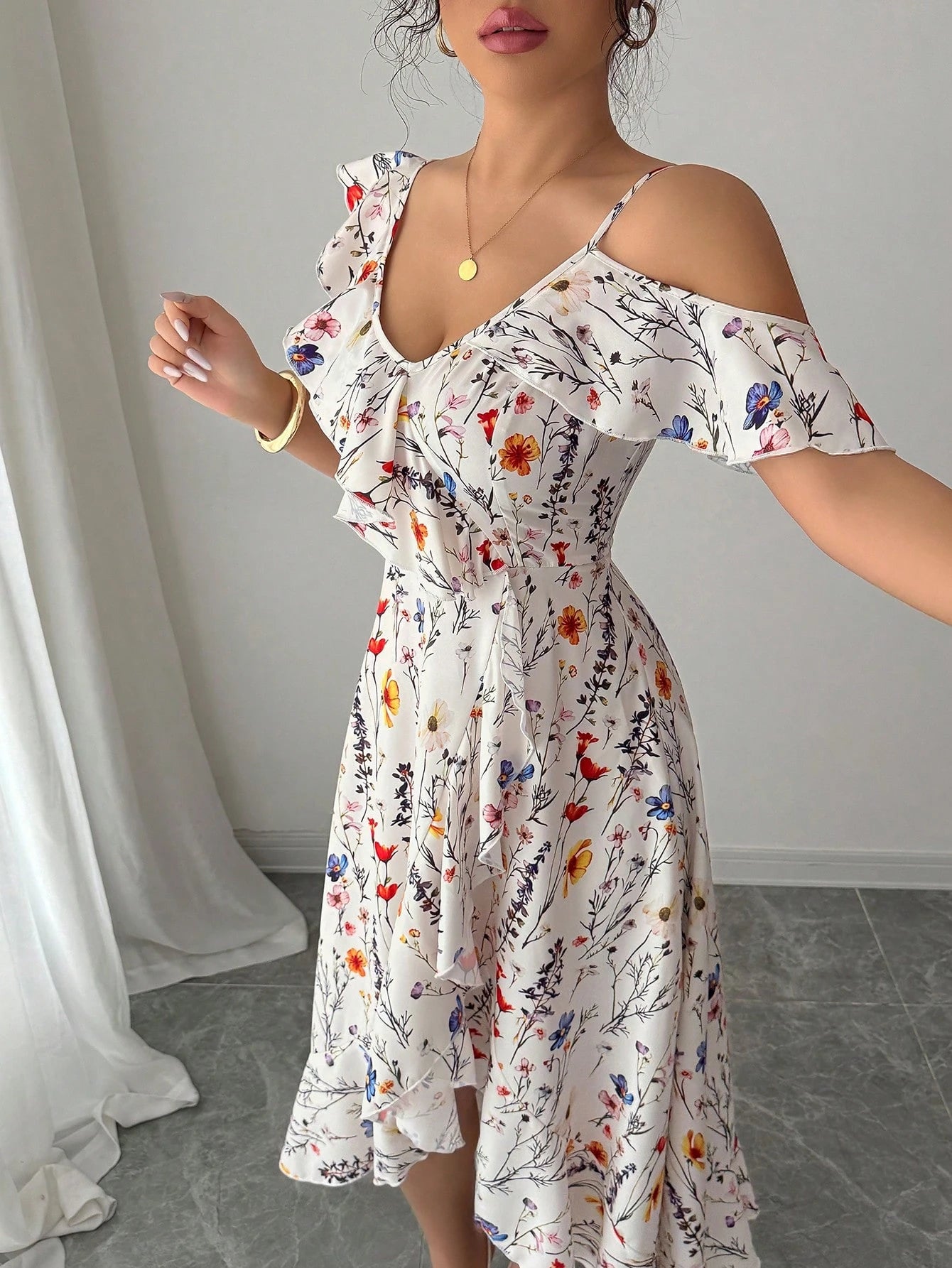 Elenzga Summer Elegant Asymmetrical Ruffle Flower Print Dress
