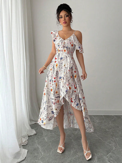 Elenzga Summer Elegant Asymmetrical Ruffle Flower Print Dress