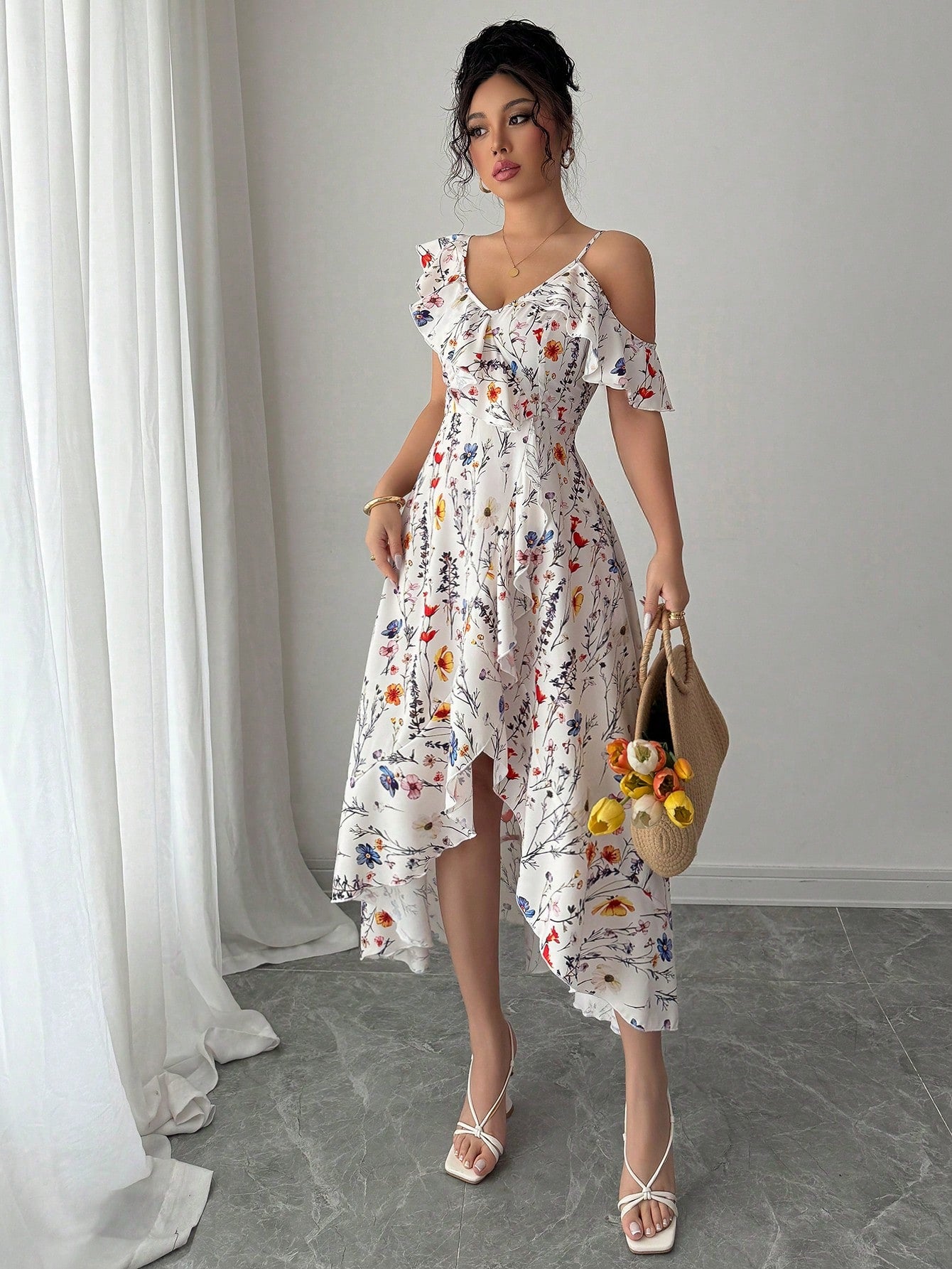Elenzga Summer Elegant Asymmetrical Ruffle Flower Print Dress