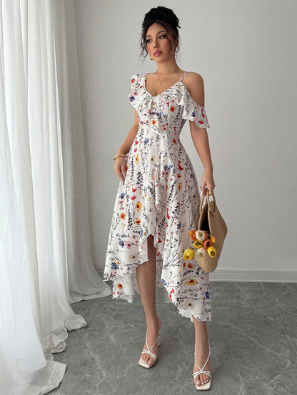 Elenzga Summer Elegant Asymmetrical Ruffle Flower Print Dress