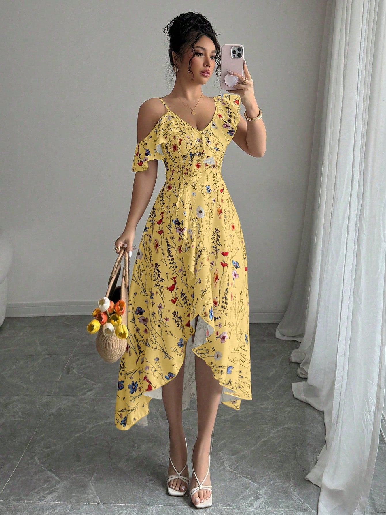 Elenzga Summer Elegant Asymmetrical Ruffle Flower Print Dress