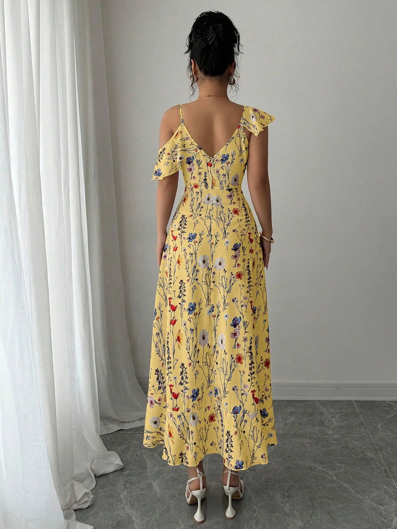 Elenzga Summer Elegant Asymmetrical Ruffle Flower Print Dress