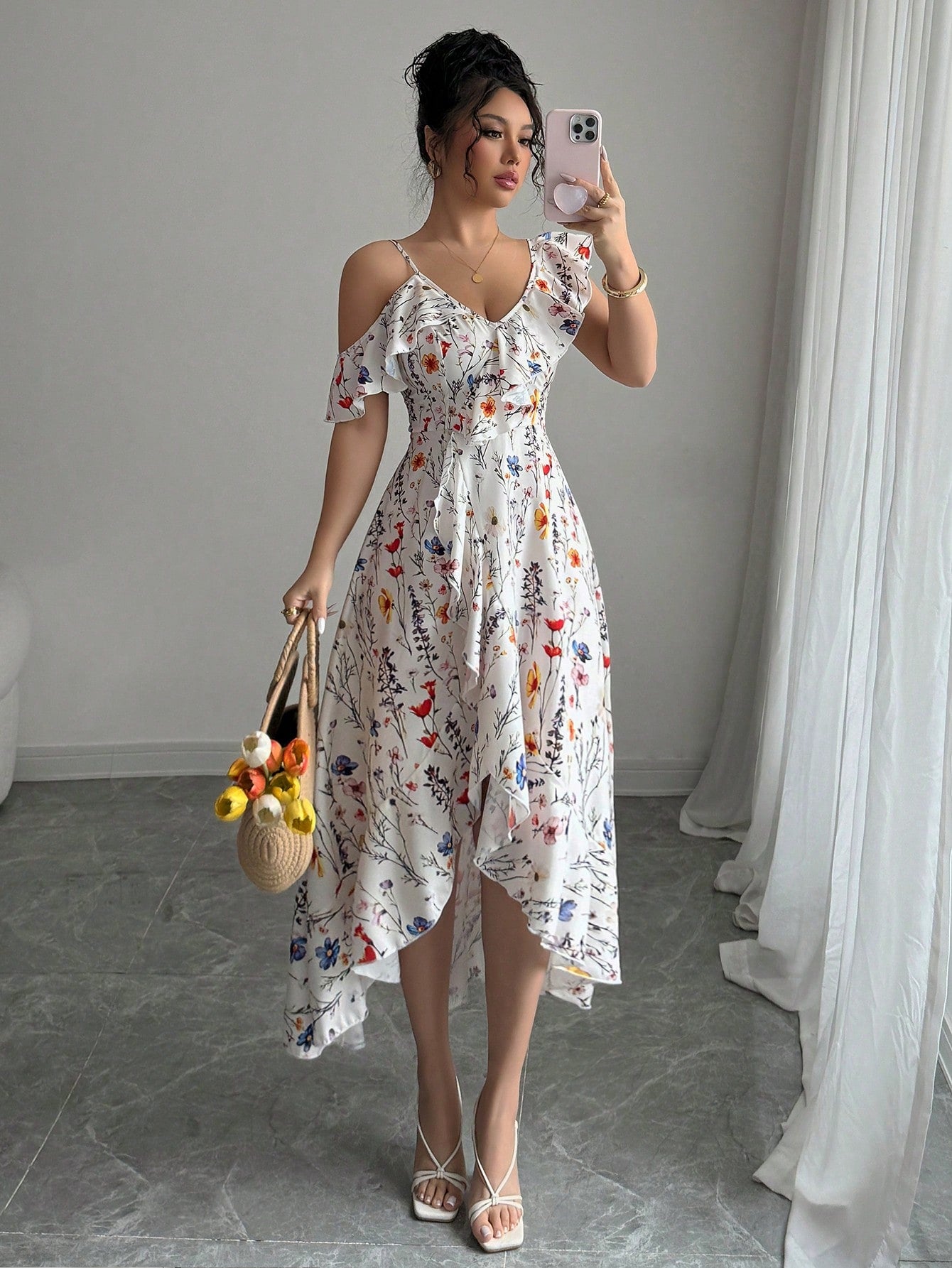 Elenzga Summer Elegant Asymmetrical Ruffle Flower Print Dress