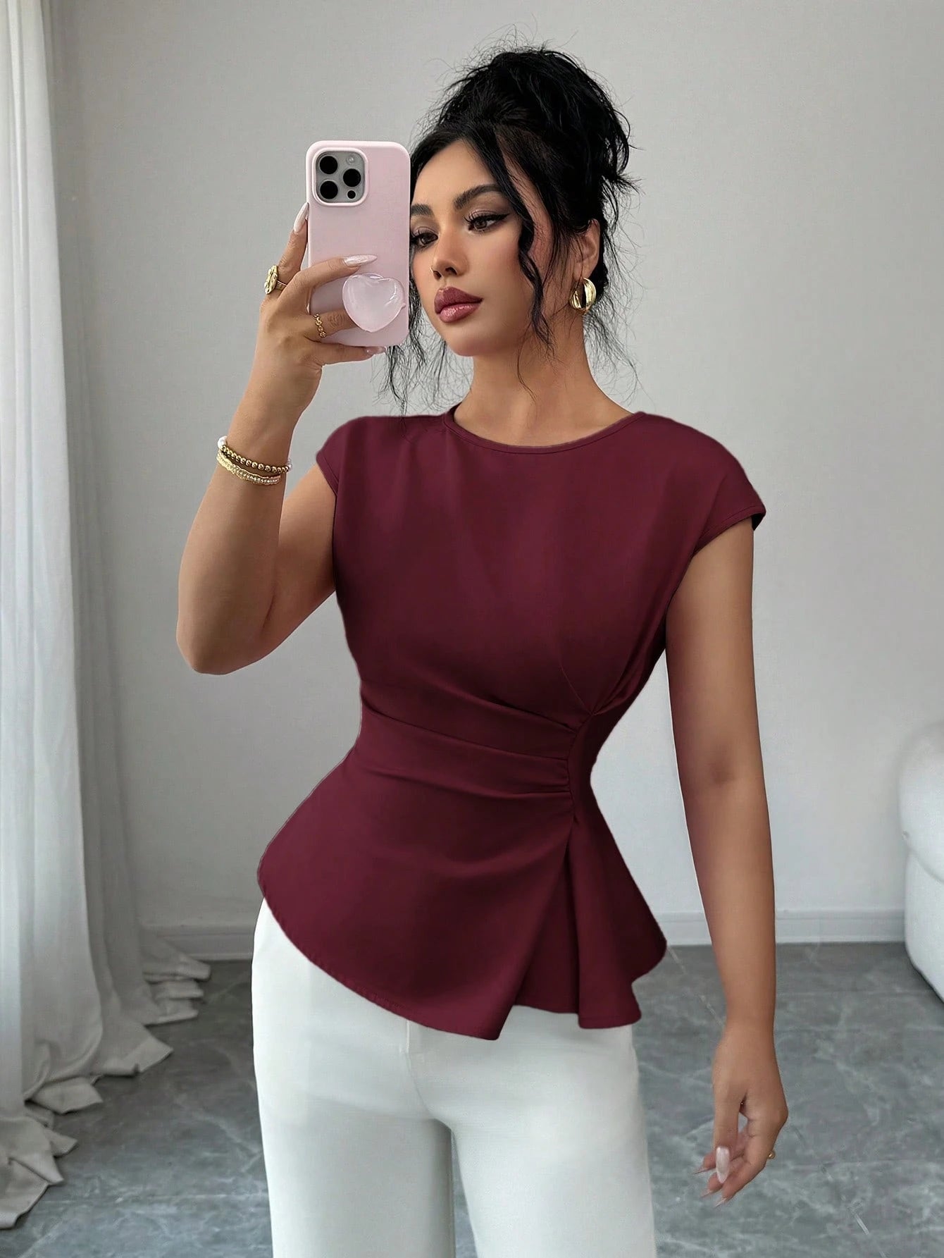 Elenzga Women's Burgundy Elegant Office Autumn Blouse,French Boat Neck Sleeveless Waist Cinched Flared Hem Top For Wedding Party Vacation Workplace