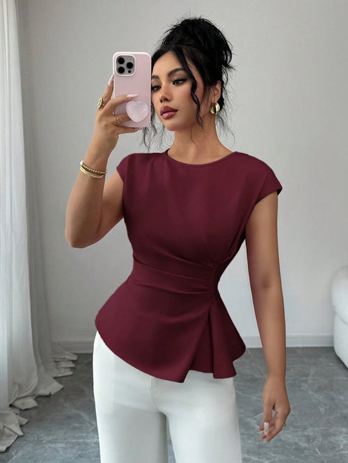 Elenzga Women's Burgundy Elegant Office Autumn Blouse,French Boat Neck Sleeveless Waist Cinched Flared Hem Top For Wedding Party Vacation Workplace