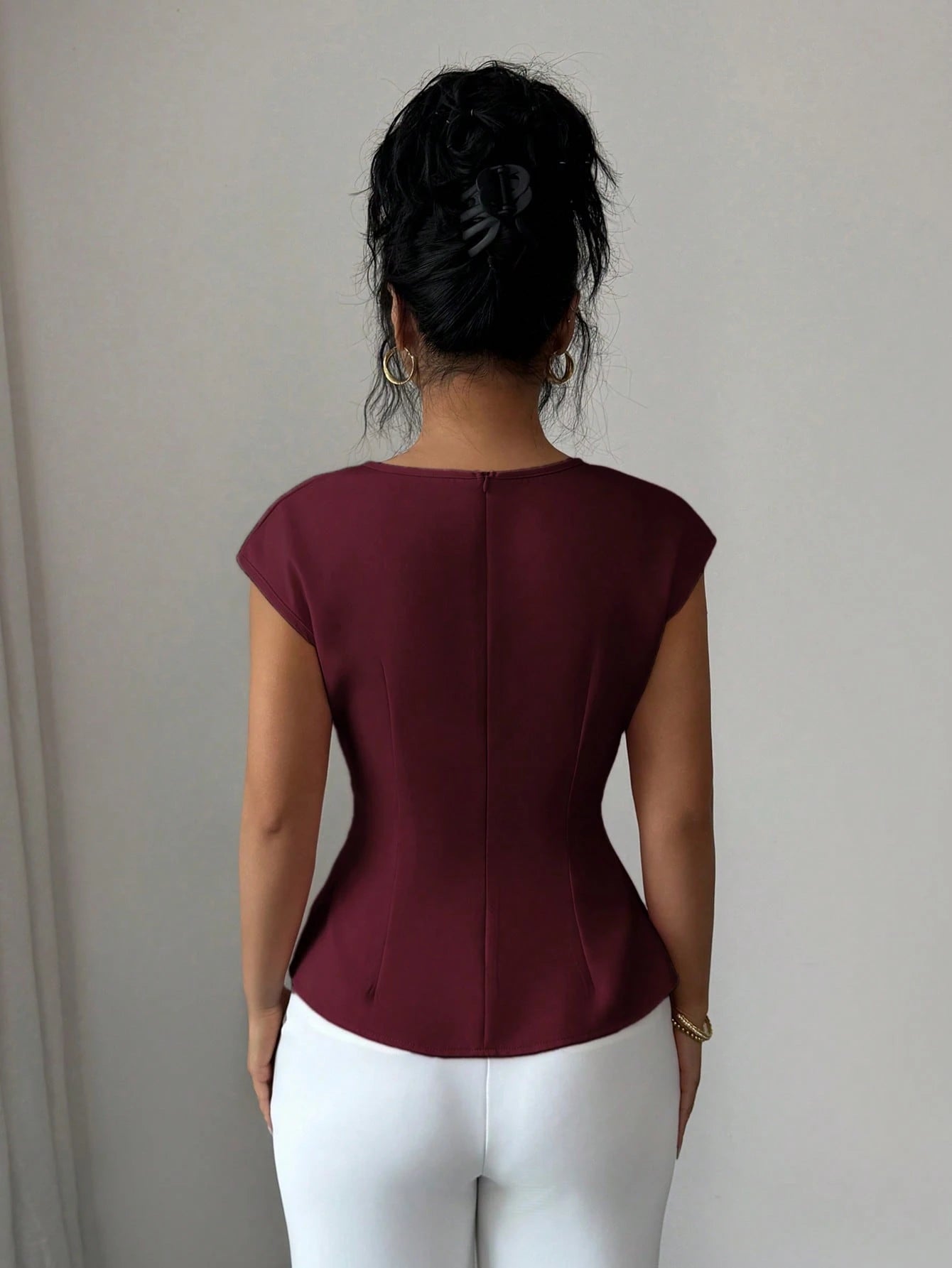 Elenzga Women's Burgundy Elegant Office Autumn Blouse,French Boat Neck Sleeveless Waist Cinched Flared Hem Top For Wedding Party Vacation Workplace