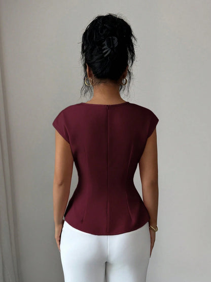 Elenzga Women's Burgundy Elegant Office Autumn Blouse,French Boat Neck Sleeveless Waist Cinched Flared Hem Top For Wedding Party Vacation Workplace