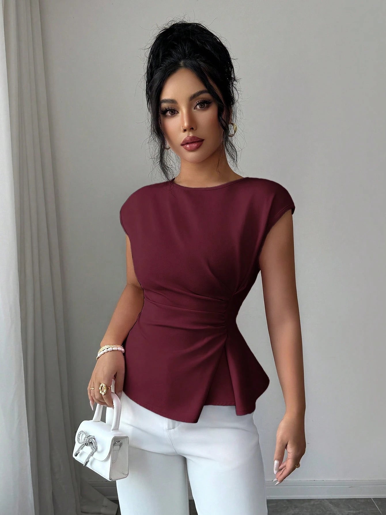 Elenzga Women's Burgundy Elegant Office Autumn Blouse,French Boat Neck Sleeveless Waist Cinched Flared Hem Top For Wedding Party Vacation Workplace