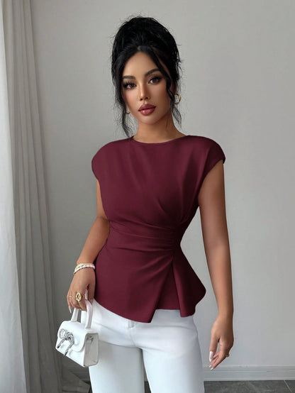 Elenzga Women's Burgundy Elegant Office Autumn Blouse,French Boat Neck Sleeveless Waist Cinched Flared Hem Top For Wedding Party Vacation Workplace
