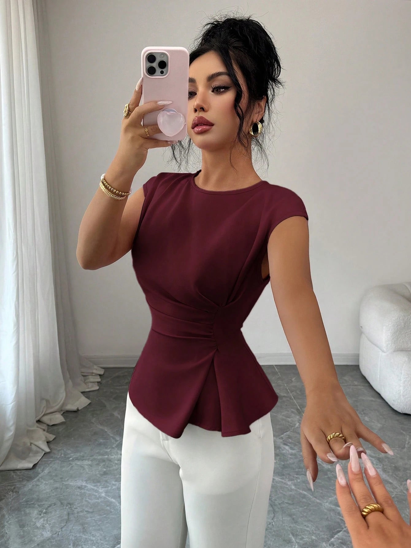 Elenzga Women's Burgundy Elegant Office Autumn Blouse,French Boat Neck Sleeveless Waist Cinched Flared Hem Top For Wedding Party Vacation Workplace