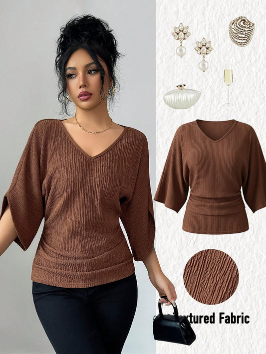 Elenzga Women's Coffee Brown Textured Fabric V-Neck Loose Waist Ruched Design Elegant Classy Autumn Elegant Tea Party Holiday Vacation Streetwear Top