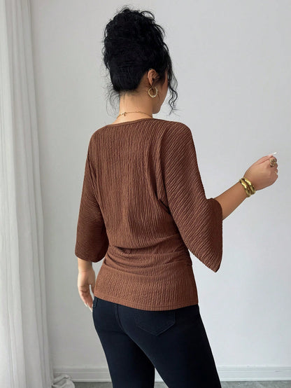 Elenzga Women's Coffee Brown Textured Fabric V-Neck Loose Waist Ruched Design Elegant Classy Autumn Elegant Tea Party Holiday Vacation Streetwear Top