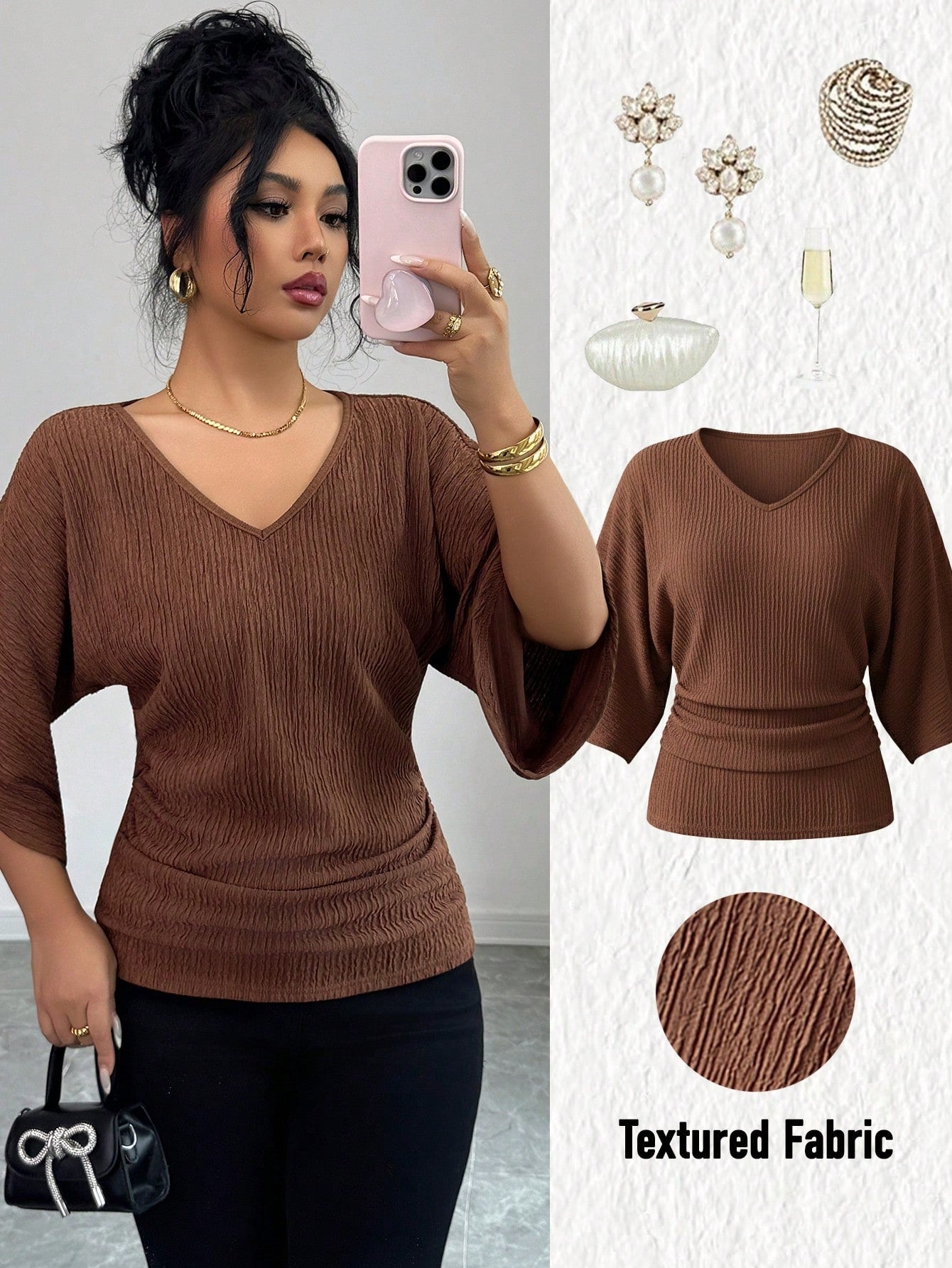 Elenzga Women's Coffee Brown Textured Fabric V-Neck Loose Waist Ruched Design Elegant Classy Autumn Elegant Tea Party Holiday Vacation Streetwear Top