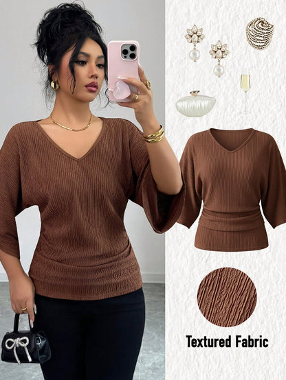 Elenzga Women's Coffee Brown Textured Fabric V-Neck Loose Waist Ruched Design Elegant Classy Autumn Elegant Tea Party Holiday Vacation Streetwear Top