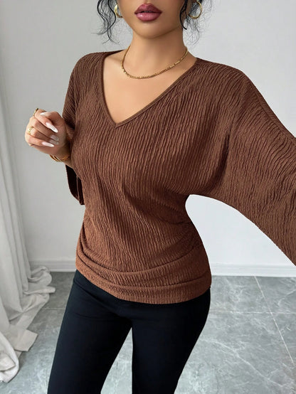 Elenzga Women's Coffee Brown Textured Fabric V-Neck Loose Waist Ruched Design Elegant Classy Autumn Elegant Tea Party Holiday Vacation Streetwear Top