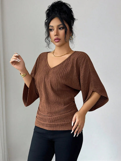 Elenzga Women's Coffee Brown Textured Fabric V-Neck Loose Waist Ruched Design Elegant Classy Autumn Elegant Tea Party Holiday Vacation Streetwear Top