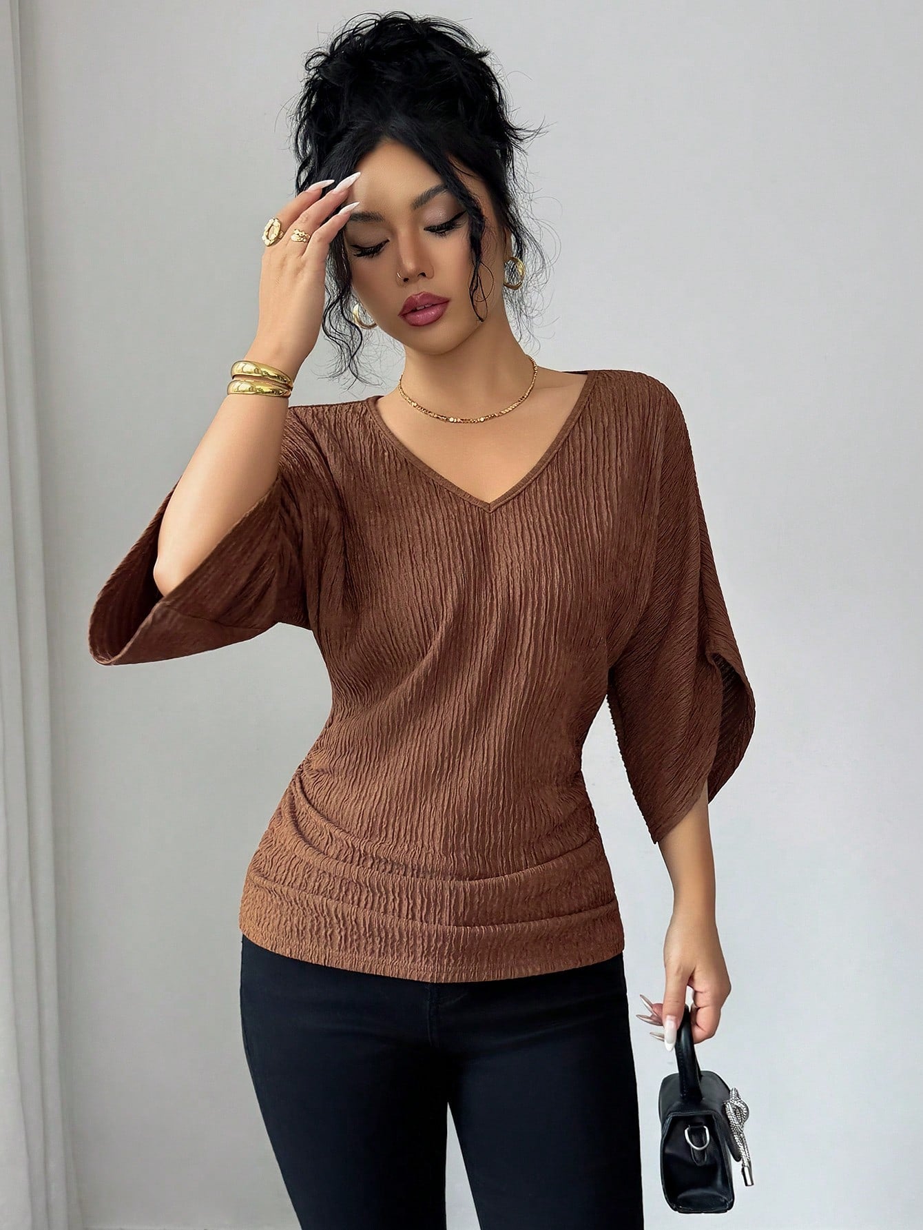 Elenzga Women's Coffee Brown Textured Fabric V-Neck Loose Waist Ruched Design Elegant Classy Autumn Elegant Tea Party Holiday Vacation Streetwear Top