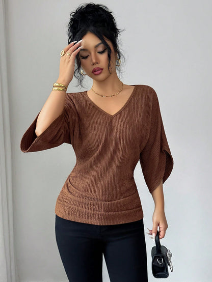 Elenzga Women's Coffee Brown Textured Fabric V-Neck Loose Waist Ruched Design Elegant Classy Autumn Elegant Tea Party Holiday Vacation Streetwear Top