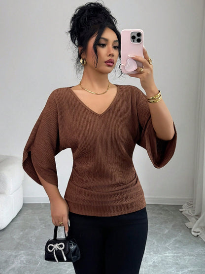 Elenzga Women's Coffee Brown Textured Fabric V-Neck Loose Waist Ruched Design Elegant Classy Autumn Elegant Tea Party Holiday Vacation Streetwear Top