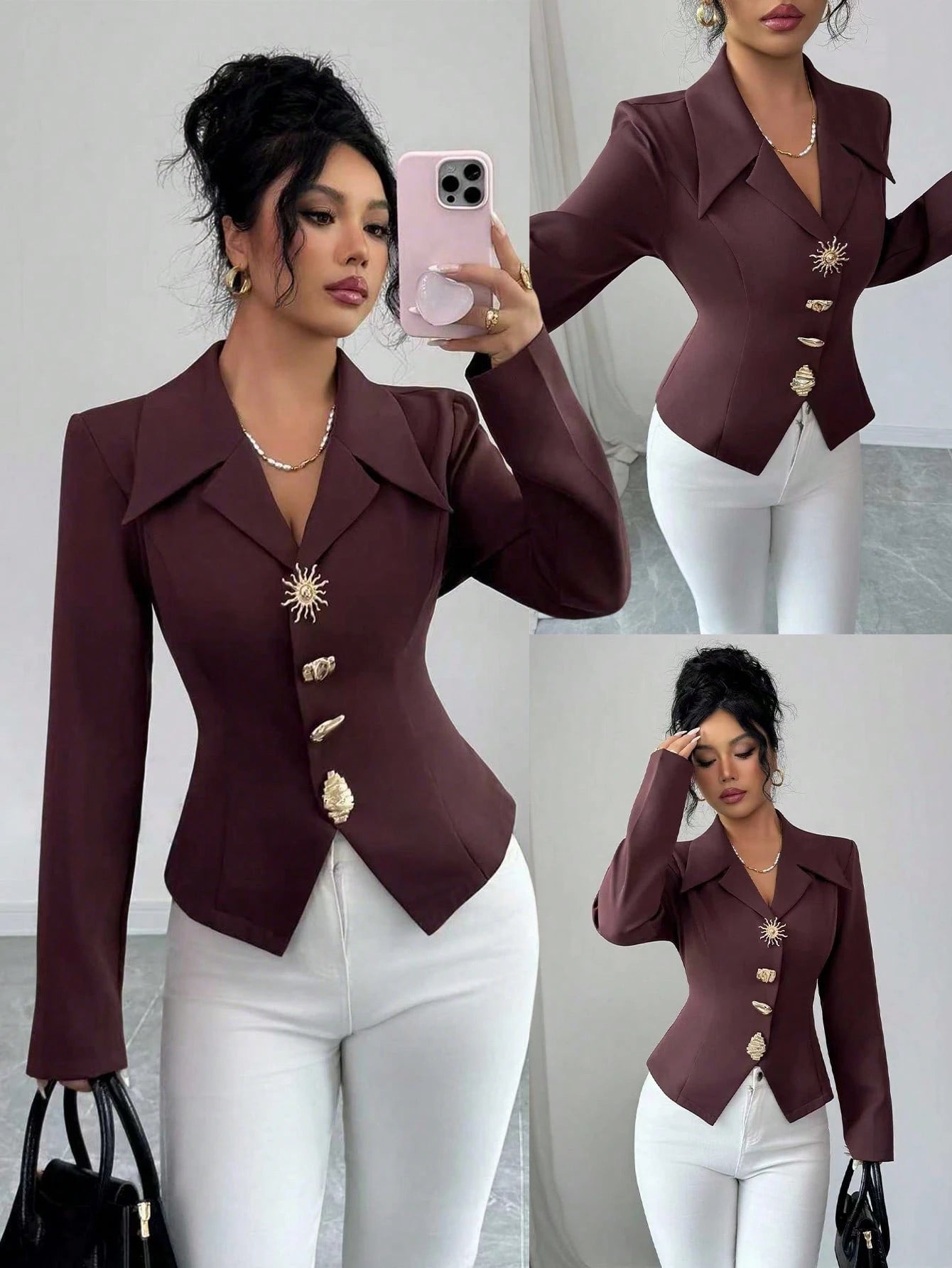 Elenzga Women's Elegant Metallic Decor Collar Slim Fit Long Sleeve Blouse