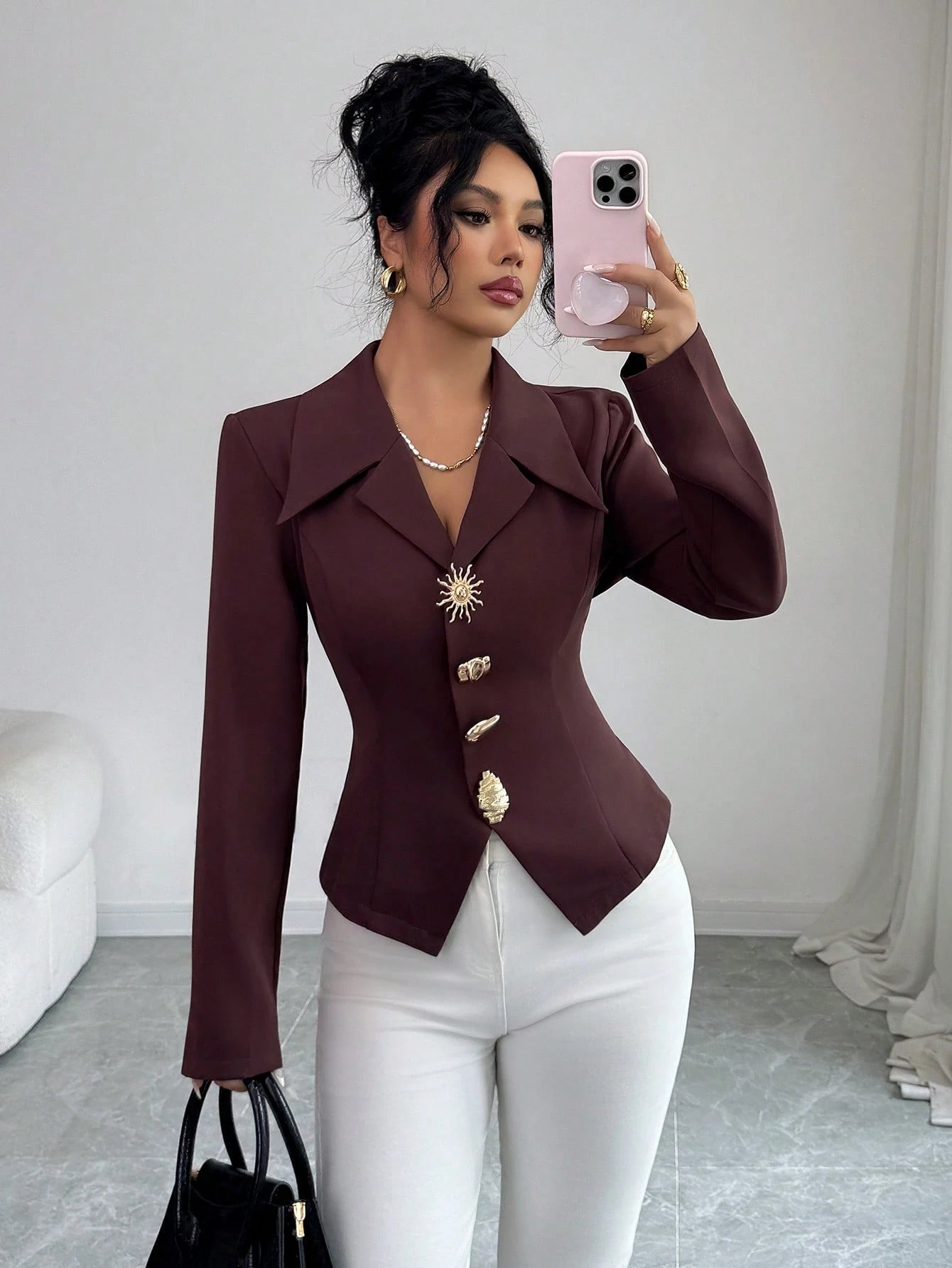 Elenzga Women's Elegant Metallic Decor Collar Slim Fit Long Sleeve Blouse
