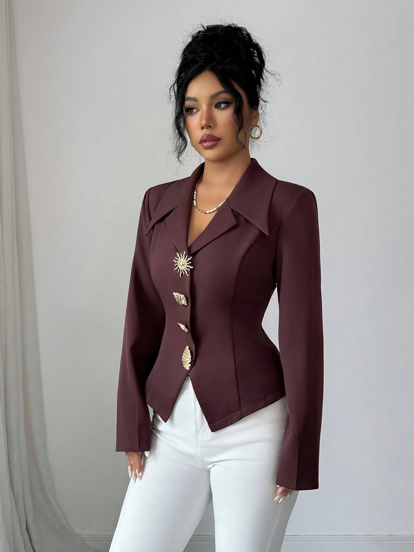 Elenzga Women's Elegant Metallic Decor Collar Slim Fit Long Sleeve Blouse