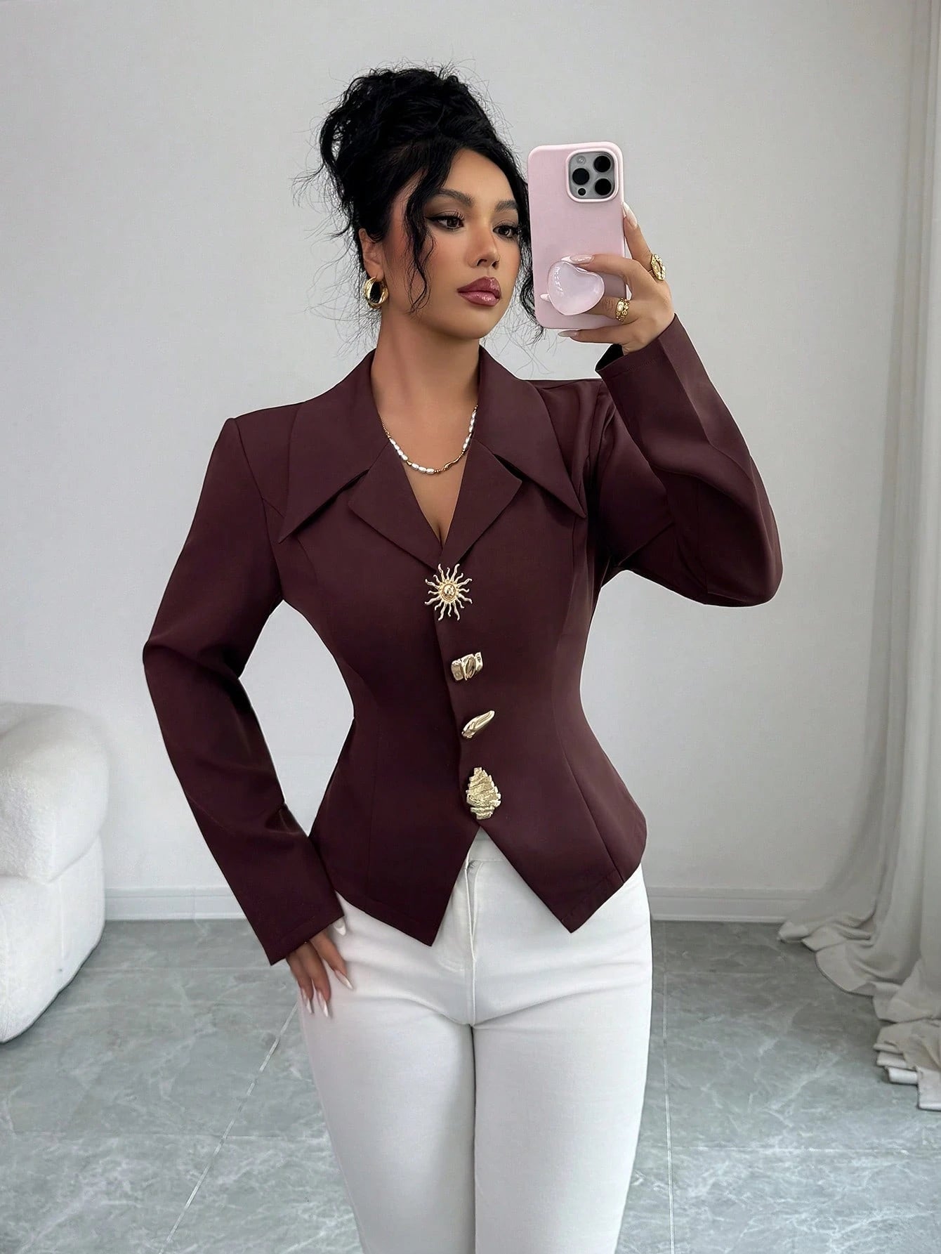 Elenzga Women's Elegant Metallic Decor Collar Slim Fit Long Sleeve Blouse