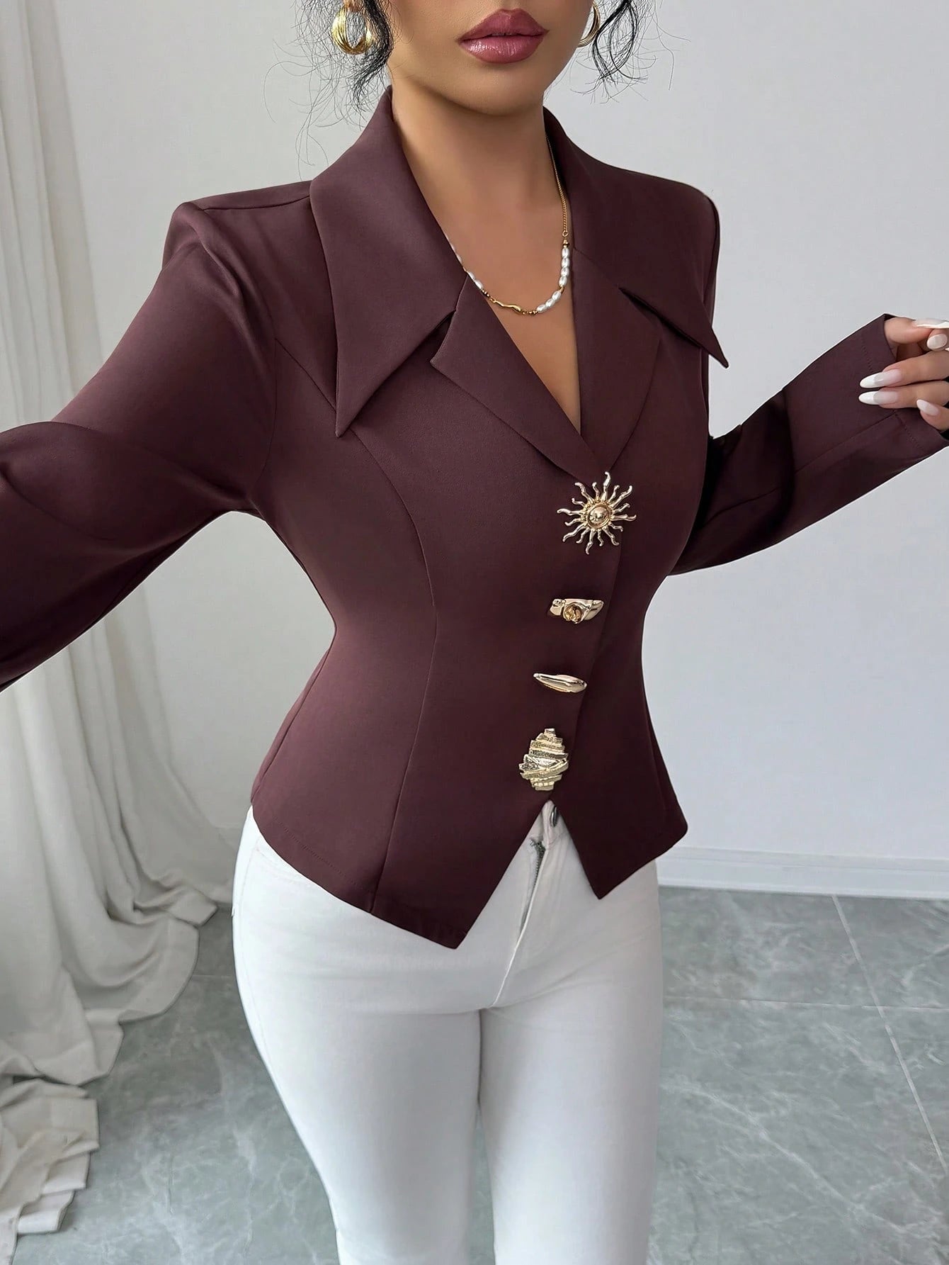 Elenzga Women's Elegant Metallic Decor Collar Slim Fit Long Sleeve Blouse