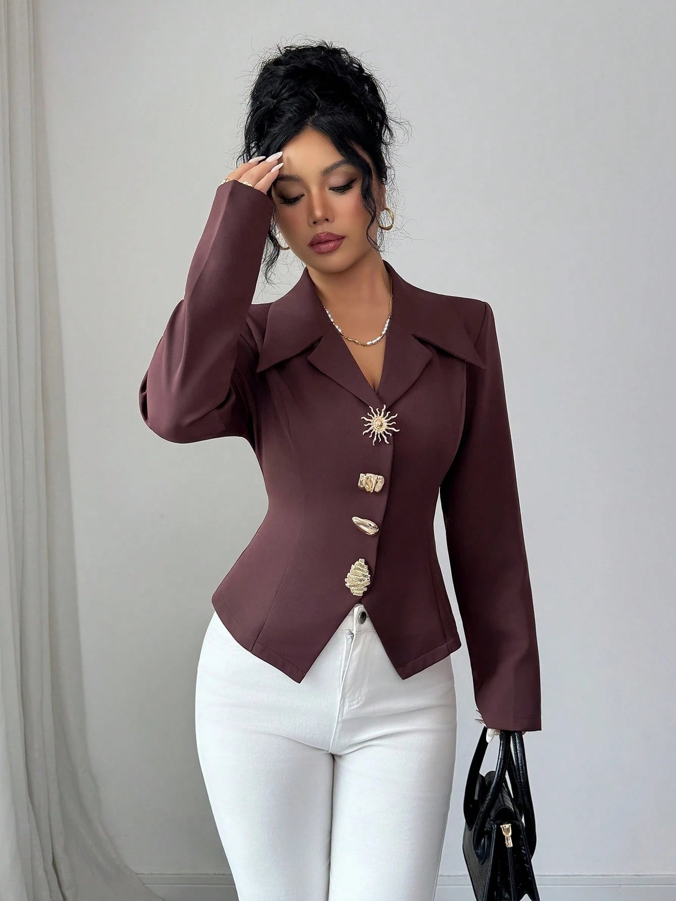 Elenzga Women's Elegant Metallic Decor Collar Slim Fit Long Sleeve Blouse
