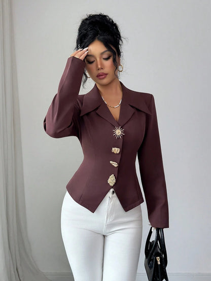 Elenzga Women's Elegant Metallic Decor Collar Slim Fit Long Sleeve Blouse