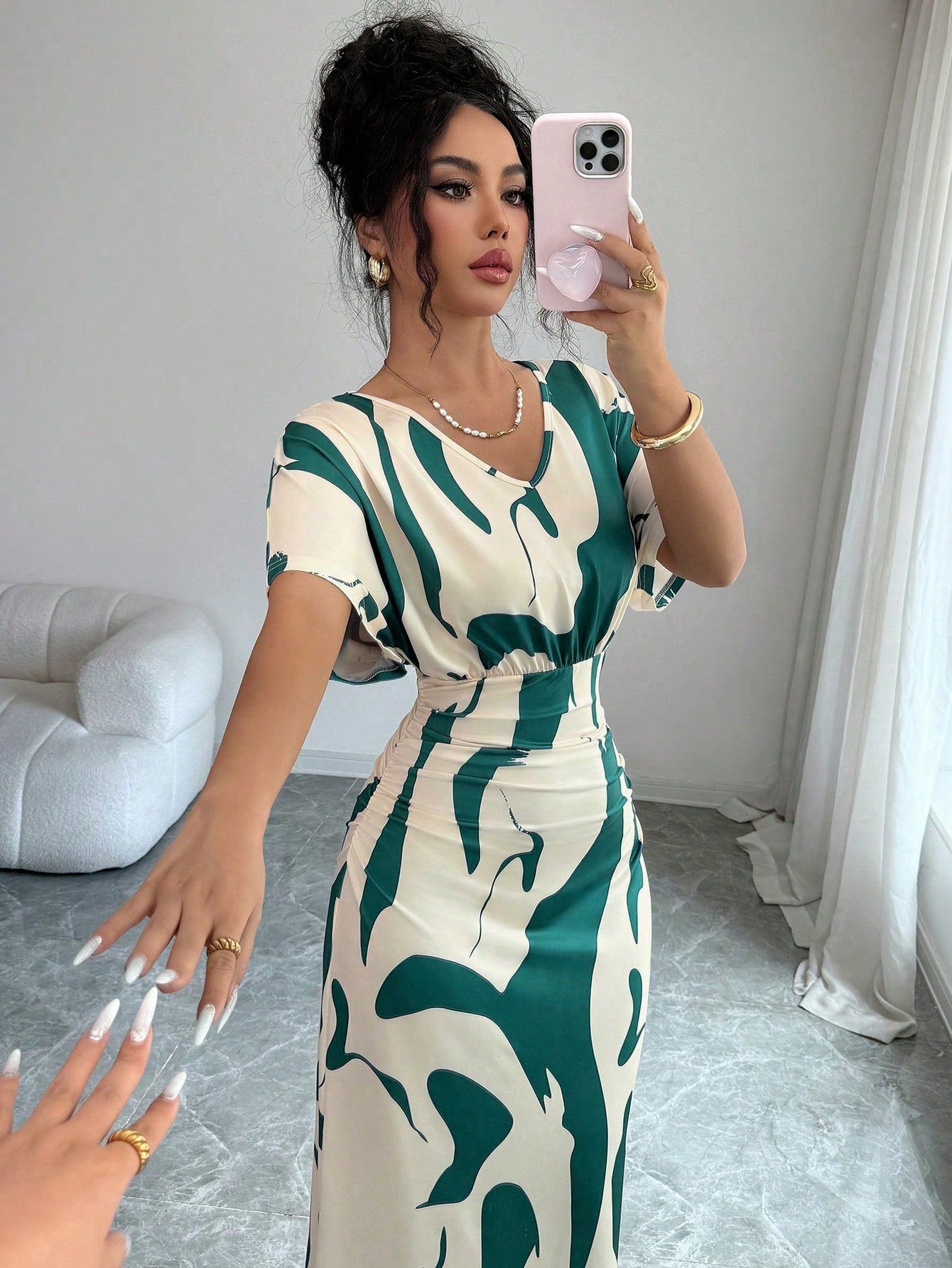 Elenzga Women's Fashion Printed V-Neck Short Sleeve Ruched Waist Fitted Bodycon Romantic Elegant Casual Commute Date Party Dinner Spring Summer Dress